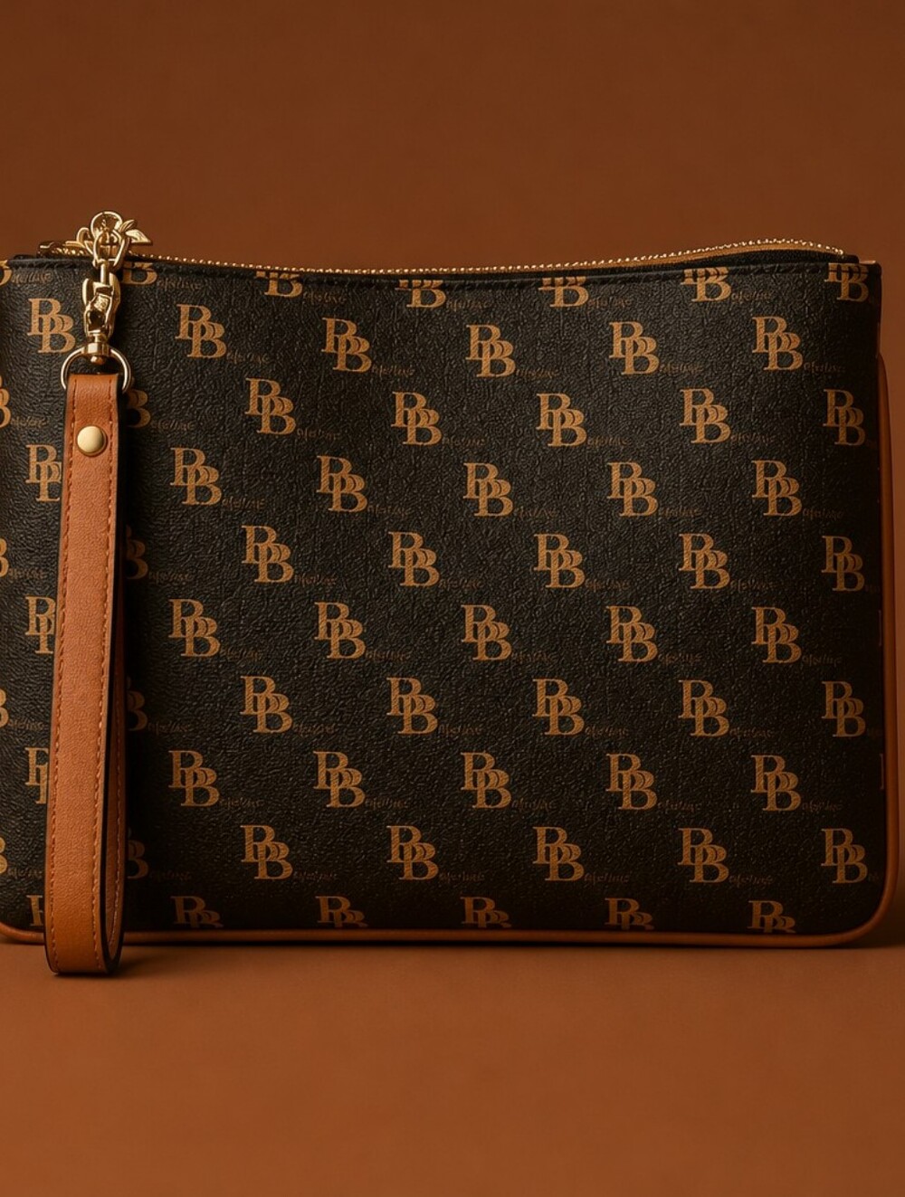 Brentano Monogram Brown Leatherette Wristlet Clutch with Tassel